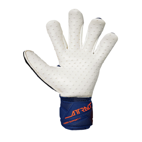A goalkeeper glove with a textured white palm and a blue wrist strap featuring orange "ATTRAKT" branding, set against a black background.