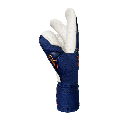 Navy blue and white goalkeeper glove with orange accents and a textured palm, shown from a side profile against a black background.