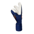 Navy blue and white goalkeeper glove with orange accents and a textured palm, shown from a side profile against a black background.