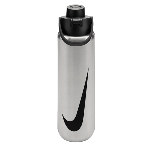 A silver stainless steel water bottle with a large black Nike swoosh logo. It features a black plastic lid with a carrying handle, set against a solid black background.