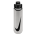 A silver stainless steel water bottle with a large black Nike swoosh logo. It features a black plastic lid with a carrying handle, set against a solid black background.