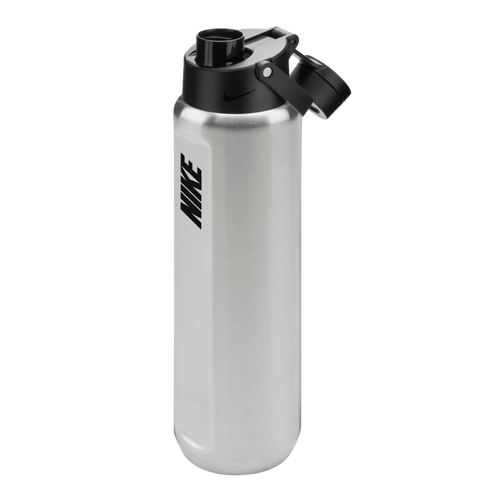 A tall, silver Nike stainless steel water bottle with a black flip-top lid and a carrying handle. The black Nike logo is printed vertically on the side.