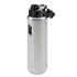 A tall, silver Nike stainless steel water bottle with a black flip-top lid and a carrying handle. The black Nike logo is printed vertically on the side.
