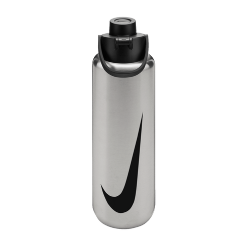 Brushed stainless steel Nike water bottle with a large black swoosh logo and a black cap with a carry handle.