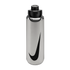 Brushed stainless steel Nike water bottle with a large black swoosh logo and a black cap with a carry handle.