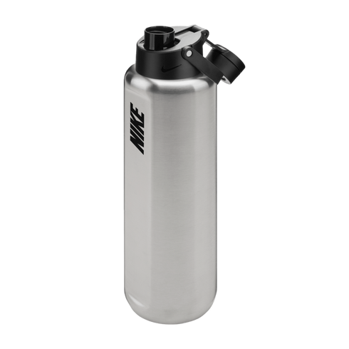 A brushed silver Nike stainless steel water bottle with a vertical black logo and a black flip-top lid.