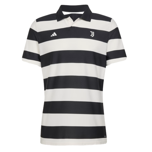 Black and white horizontally striped Adidas polo shirt with a black collar and the Juventus team crest on the chest.