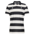 Black and white horizontally striped Adidas polo shirt with a black collar and the Juventus team crest on the chest.