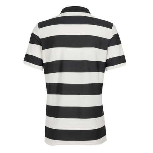 Back view of a short-sleeved polo shirt with wide horizontal black and white stripes, centered on a black background.