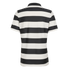 Back view of a short-sleeved polo shirt with wide horizontal black and white stripes, centered on a black background.