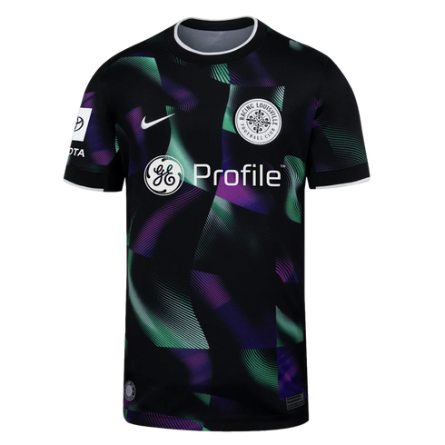 Black Racing Louisville FC soccer jersey with wavy purple and mint green patterns. Includes the team crest, Nike swoosh, and GE Profile sponsor logo.