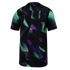 Back view of a black short-sleeved jersey featuring a vibrant green and purple abstract wave pattern. The sleeves have thin white cuffs.