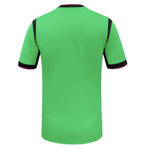 Back view of a neon green athletic jersey with black side panels and black-and-pink trim on the collar and sleeve cuffs.