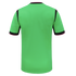 Back view of a neon green athletic jersey with black side panels and black-and-pink trim on the collar and sleeve cuffs.