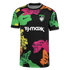 Black Nike soccer jersey with a 'BOSTON' swan crest, T.J. Maxx sponsor, and a bold, colorful abstract pattern of textured shapes in green, pink, and orange.