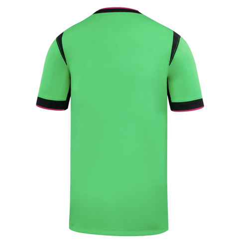 Back view of a lime green short-sleeved sports jersey with black and pink trim on the collar and sleeve cuffs, and black shoulder accents.