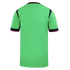 Back view of a lime green short-sleeved sports jersey with black and pink trim on the collar and sleeve cuffs, and black shoulder accents.