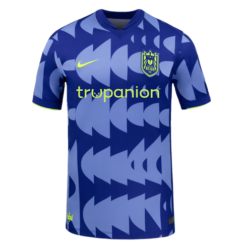 A short-sleeve Nike Seattle Reign FC soccer jersey featuring a blue geometric pattern and neon yellow accents for the team crest, swoosh, and Trupanion sponsor logo.