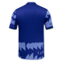 Back view of a blue polo shirt featuring light blue geometric patterns on the sleeves and lower hem, with thin neon yellow trim on the cuffs.