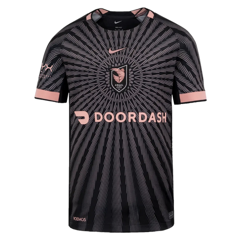 Angel City FC soccer jersey in black and pink with a grey sunburst pattern, central team crest, and DoorDash sponsor logo.
