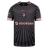 Angel City FC soccer jersey in black and pink with a grey sunburst pattern, central team crest, and DoorDash sponsor logo.