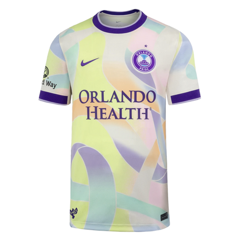 Orlando Pride soccer jersey with a pastel swirling pattern of purple, yellow, and blue. Features the team crest, Nike swoosh, and Orlando Health logo.