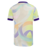 Back view of a white sports jersey with a colorful abstract pattern of thick swirling ribbons in pastel shades. The collar and sleeve cuffs have solid purple bands.