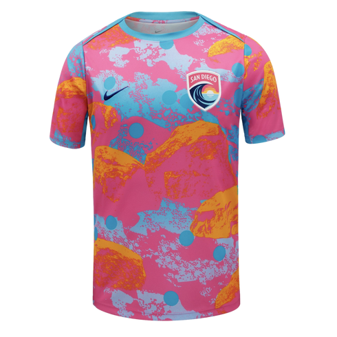 Nike San Diego Wave FC soccer jersey with a vibrant pink, blue, and orange abstract pattern and the team's crest.