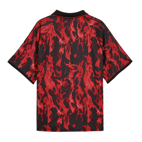 Back view of a short-sleeved polo shirt with a black and red flame pattern and a black collar with red trim.