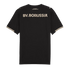 Back of a black football jersey with "BV. BORUSSIA" in large cream vintage font. Small anniversary text sits above it, with striped sleeve cuffs and a Puma logo on the shoulder.