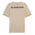 Back of a beige football jersey with "BV. BORUSSIA" in black. Includes commemorative text above, Puma logos on shoulders, and striped sleeve cuffs.