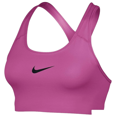 A pink Nike racerback sports bra with a black swoosh logo on the center chest, shown against a black background.