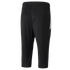 A rear view of three-quarter length black athletic training pants featuring an elastic waistband and a white panel on the right side.