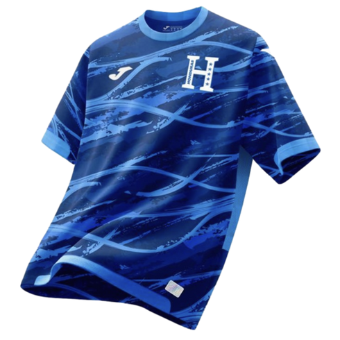 A blue Honduras national team soccer jersey featuring a wavy, brushstroke-style pattern in varying shades of blue. It displays a white Joma logo on the right chest and a white "H" crest with five stars on the left chest.
