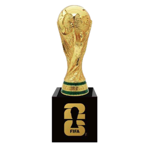 The gold FIFA World Cup Trophy sits on a black pedestal featuring the official 2026 FIFA World Cup logo against a solid black background.
