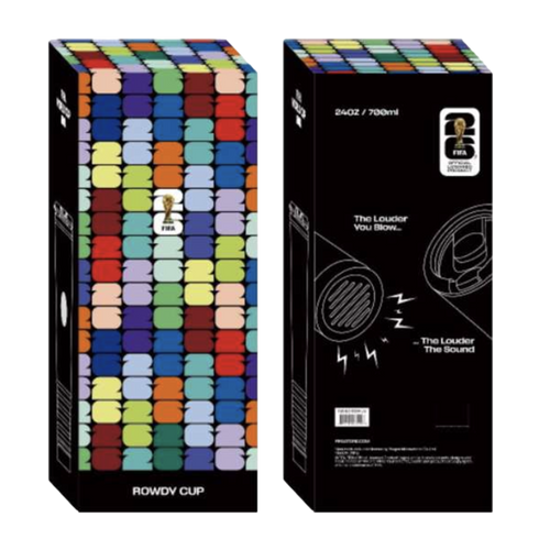 A photograph shows the front and back views of a tall, black rectangular box for a FIFA World Cup 26 "Rowdy Cup." The side on the left features a colorful, tiled pattern of the number "26" and the FIFA logo, with "ROWDY CUP" printed at the bottom. The sid