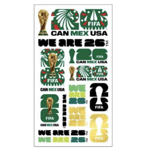A collection of branding elements for the 2026 FIFA World Cup, featuring various stylized "26" logos, the World Cup trophy icon, the slogan "WE ARE 26," and the host nation abbreviations "CAN MEX USA" in green, red, black, and gold.
