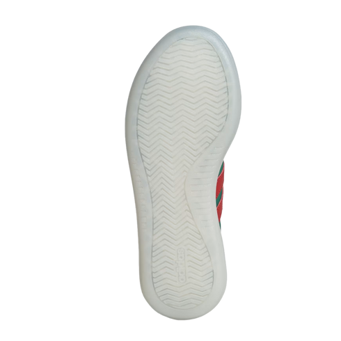 An underside view of a translucent white Adidas shoe outsole with a herringbone tread pattern, set against a black background.