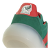 A close-up of the heel of a green and red sneaker featuring a thick translucent sole and a patch of the Mexico national soccer team logo.