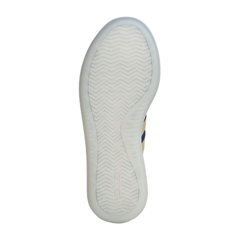 A direct bottom view of a white, semi-translucent Adidas sneaker outsole featuring a textured herringbone tread pattern, set against a black background.