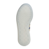 A direct bottom view of a white, semi-translucent Adidas sneaker outsole featuring a textured herringbone tread pattern, set against a black background.