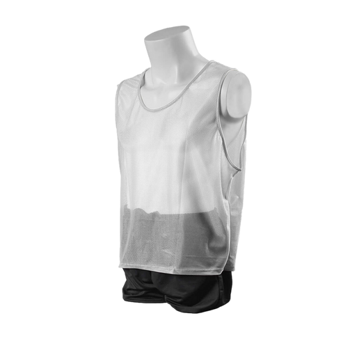 A white mesh sports bib with a scoop neckline, displayed on a white mannequin torso against a black background.