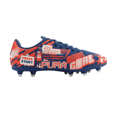 A blue Puma soccer cleat with red and white retro video game graphics, including pixelated "PRESS START," "#10 PULISIC," and "GOAL" text.