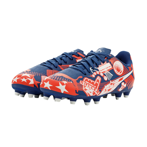 Blue, red, and white soccer cleats featuring comic-style graphics, stars, and the phrase "WE CALL IT SOCCER".