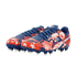 Blue, red, and white soccer cleats featuring comic-style graphics, stars, and the phrase "WE CALL IT SOCCER".