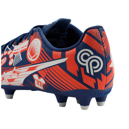 Blue and orange soccer cleat with graphic designs including a soccer ball and the number 10. A white "CP" logo is on the heel.
