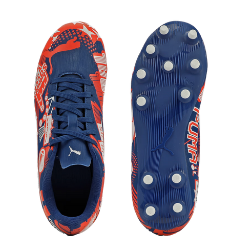 Top and bottom view of blue and red graphic Puma soccer cleats with white studs on a black background.