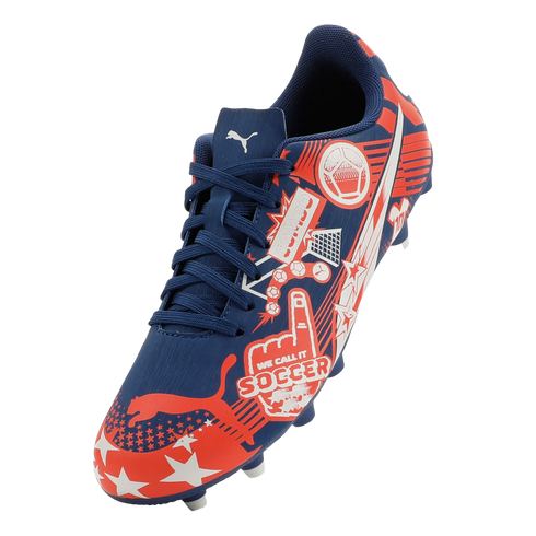 A navy blue and red Puma soccer cleat featuring vibrant white comic-style graphics, stars, soccer icons, and the text "WE CALL IT SOCCER."
