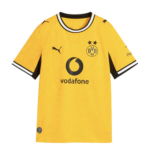 A yellow Borussia Dortmund soccer jersey with black and white striped trim. Features the BVB crest, Puma logos, and a large black Vodafone sponsor logo on the front.