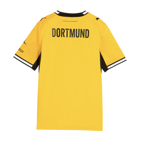 Back view of a yellow Borussia Dortmund soccer jersey with "DORTMUND" in black lettering and black-and-white striped trim.